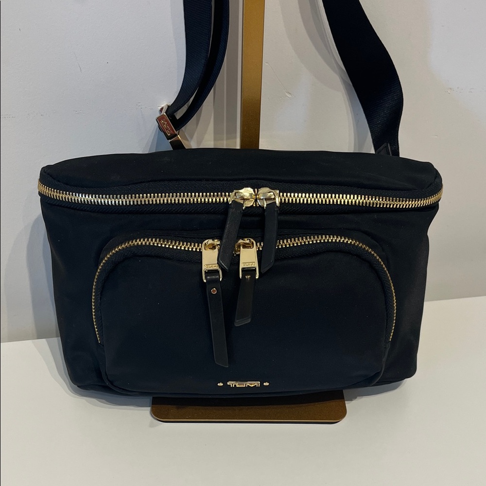 Tumi Madison Black Nylon Belt Bag with Gold Hardware Accents
